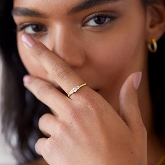 14K Gold Plated Cubic Zirconia Round 3-Stone Ring In White Gold - Picture 3 of 5